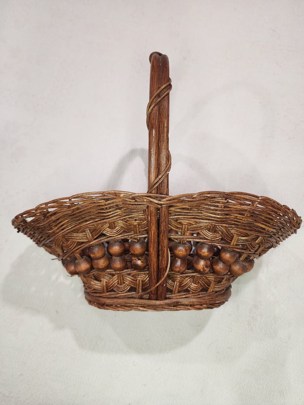 Vintage Wicker Basket Wood Bead Trim Handwoven Rattan Philippines Boho Decor